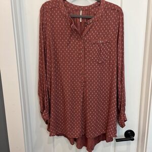 Free People Geometric Pleated Tunic Blouse Rust White Rayon Long Sleeve Sz L